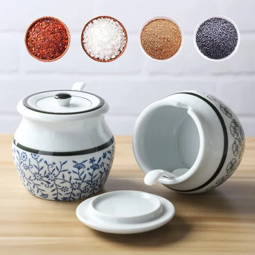 Miniatura 3 de Bodega de sal de cerámica con tapa y cuchara, cuencos de sal y pimienta, juego de 2 tarros de condimentos de porcelana, contenedor de especias, caja