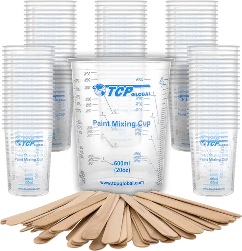 Miniatura 6 de TCP Global Vasos mezcladores de plástico graduados de 20 onzas (20.3 fl oz), caja de 25 con 25 varillas de mezcla, vasos medidores de plástico
