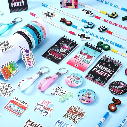 Miniatura 7 de Jexine El kit de 128 piezas de suministros para fiestas musicales incluye 12 pulseras de silicona, 12 llaveros, 12 insignias, 12 lápices, 12 bolsas