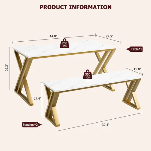 Miniatura 2 de GarveeHome Mesa de cocina con 2 bancos, juego de mesa de comedor para 4 personas con mesa de mármol sintético, juego de mesa de comedor que ahorra