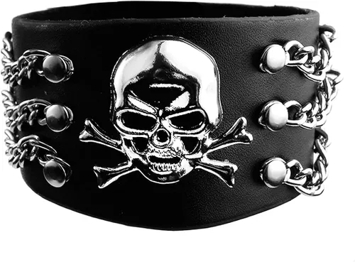 Miniatura 6 de Eigso Pulsera de cuero sintético negro con calavera para hombre y mujer, pulsera ajustable