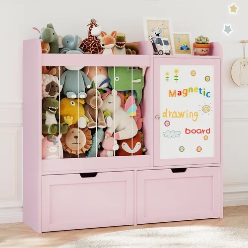 Miniatura 9 de Organizadores y almacenamiento de juguetes de 40 pulgadas, soporte para animales de peluche con tablero de dibujo magnético, organizador de juguetes