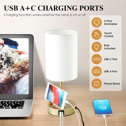 Miniatura 5 de Lámpara de mesa de control táctil Briever para dormitorio, lámpara de mesita de noche regulable de 3 vías con puertos de carga USB, lámpara