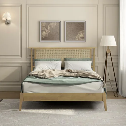 Miniatura 11 de NTC Marco de Cama de Madera Ruby con Cabecero y Ratán Natural, Base de Madera Sólida de Roble/Caucho con Listones Silenciosos, Capacidad de 1000