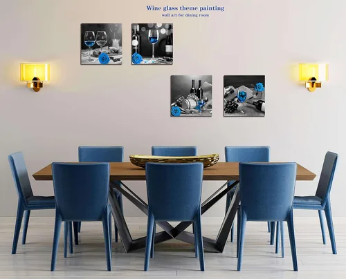 Miniatura 4 de Arte de pared de vino azul - Decoración de pared de cocina - Arte de pared moderno para sala de estar, obra de arte de rosa azul, 4 lienzos