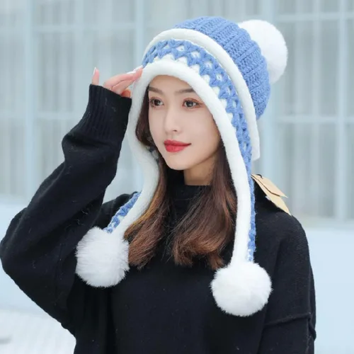 Miniatura 3 de HUAMULAN Gorro de invierno para mujer, con orejeras, con solapas, sherpa, esquí, nieve, forro polar, 3 pompones