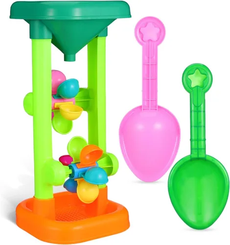 Rueda de agua de arena: reloj de arena de juguete de playa para niños, doble embudo giratorio, torre de derrame con palas para patio trasero, caja