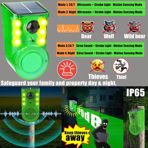 Miniatura 3 de Alarma solar con sensor de movimiento para exteriores, ultrasonido y alarmas, detector de movimiento de 129 db, generador de ruido fuerte, luz 1pcs