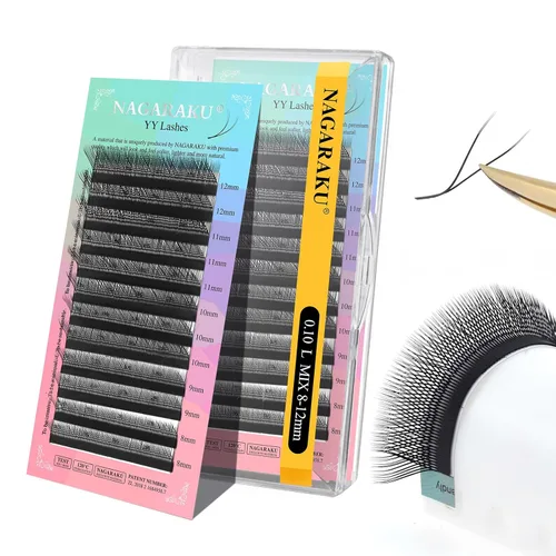 Miniatura 162 de Suministros de extensiones de pestañas NAGARAKU yy, pestañas falsas 0.05mm rizado D, bandeja mixta 8-12mm, prefabricadas 4D, abanico fácil, volumen