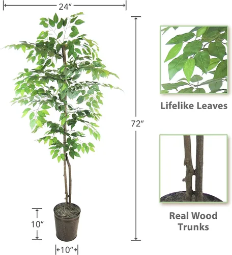 Miniatura 5 de LCG Florals Árboles de ficus artificiales en macetas de metal de cobre, juego de 2 – tronco de madera real, premontados, planta sintética