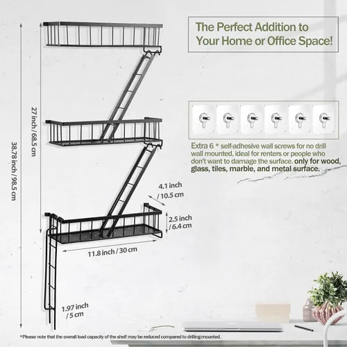 Miniatura 2 de SweetSage Estante de Pared para Salida de Emergencia - Estante Decorativo de Escalera de Nueva York, Estante Flotante de Arte de Pared en Metal Negro