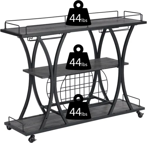 Miniatura 3 de mikibama Carrito de bar industrial de metal móvil de madera para el hogar, pequeño carrito de bar rústico con estante para vino y estantes