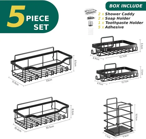 Miniatura 2 de Organizador de ducha adhesivo para organización de almacenamiento de baño, paquete de 5 estantes de ducha sin taladrar, acero inoxidable
