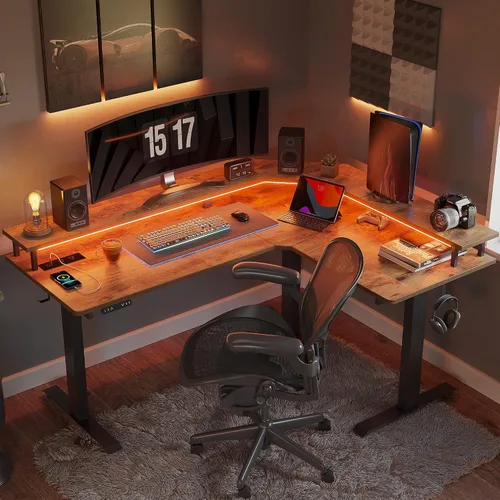 Miniatura 4 de CubiCubi Escritorio de pie con triple motor de 63 pulgadas en forma de L con tira LED y tomas de corriente, escritorio de esquina ajustable