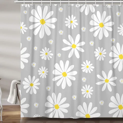 Miniatura 9 de Cortina de ducha con diseño floral de margaritas azules para caravana, remolque, baño, lindo juego de cortinas de ducha de tela estrecha y corta