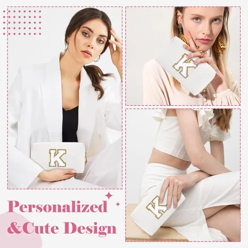 Miniatura 4 de Pequeña bolsa de maquillaje personalizada con inicial A-Z Preppy Patch, bolsa de cosméticos de viaje de felpilla blanca con cremallera, bonita bolsa