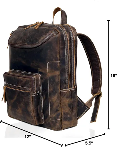 Miniatura 10 de Mochila de cuero vintage para hombre, bolsa para laptop de 16 pulgadas, gran capacidad, viajes de negocios, senderismo, mochila de hombro, mochila