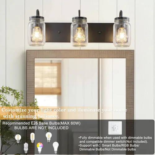 Miniatura 7 de Lámparas de pared de cristal de tocador, aplique de pared negro con tarro Mason para baño, granja