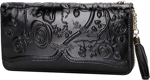 Miniatura 2 de PIJUSHI Carteras de cuero genuino para mujer, diseño floral, cartera de mano con borla