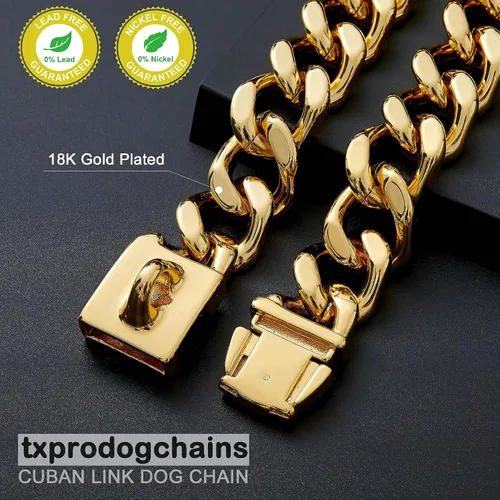 Miniatura 5 de txprodogchains Collar de cadena para perro grande con hebilla, resistente de 0.827 in de grosor, acero inoxidable, oro de 18 quilates, cadena