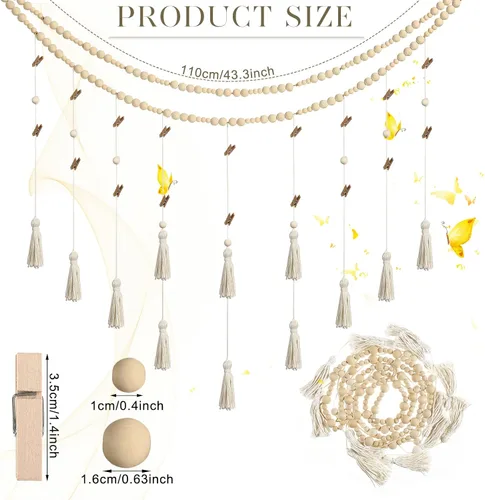 Miniatura 2 de Amyhill Expositor de fotos colgante de macramé bohemio con 24 clips de pared de madera, marco de collage de macramé con cuentas de madera