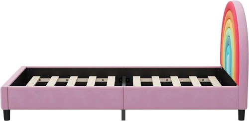 Miniatura 6 de SOFTSEA Base de cama tamaño individual con diseño de arco iris para niños, cama tapizada individual con cabecera arcoíris, cama de princesa, linda