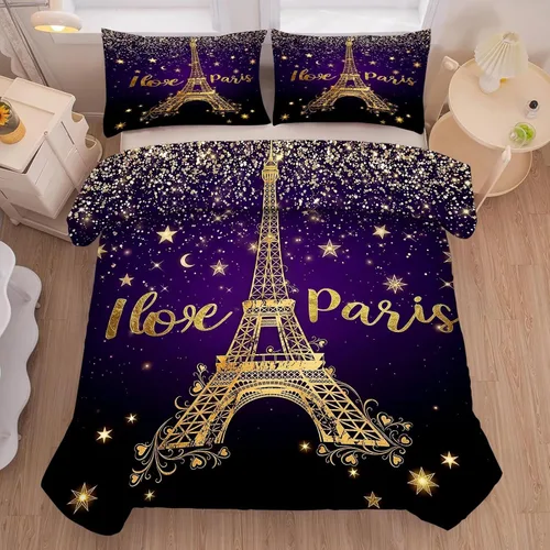 Miniatura 17 de kxry Juego de edredón de París, tamaño Queen, color rosa, Torre Eiffel Sena, ropa de cama estilo francés, edredón de paisaje urbano de París