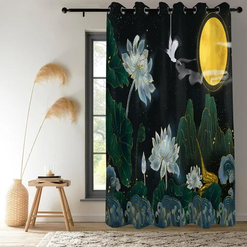 Miniatura 8 de Renaiss Cortinas de carpa para ventana, 29 pulgadas de ancho x 45 pulgadas de alto, pintura de tinta oriental, hojas de loto, lirio de agua negro