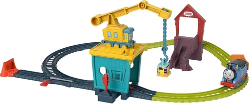 Thomas & Friends Juego de tren de juguete motorizado Fix 'em Up Friends con Carly the Crane, Sandy the Rail Speeder y Thomas para niños en edad