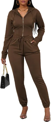 Nimsruc Conjunto deportivo de 2 piezas para mujer, casual, de manga larga, con cremallera, sudadera con capucha a juego