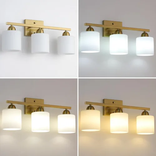 Miniatura 4 de Mecgirn Luces de tocador de vidrio de leche de acero inoxidable para baño, 3 luminarias de baño doradas sobre espejo, enchufes de cerámica E26 Dorado