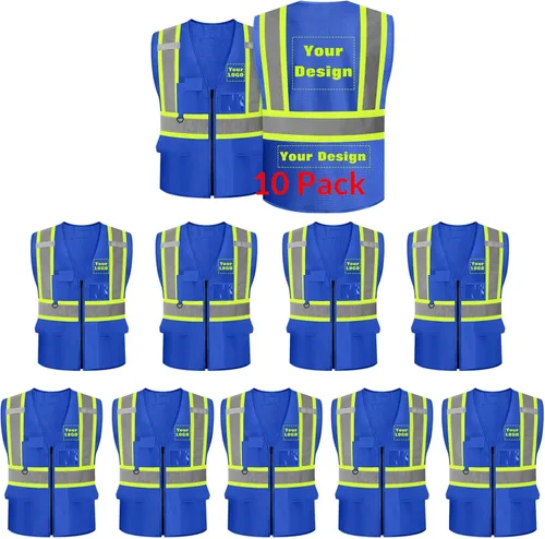 Miniatura 20 de Chaleco de seguridad de malla personalizado con LOGOTIPO Chaleco reflectante de alta visibilidad con 5 bolsillos y cremallera Azul personalizado