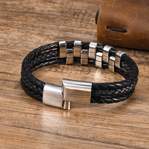Miniatura 4 de XUANPAI - Pulseras personalizadas para hombre, pulseras de acero inoxidable para hombre, pulseras de cuero trenzado con 1-9 nombres grabados
