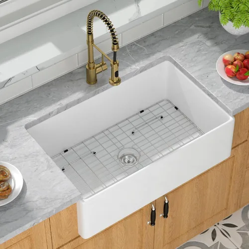 Miniatura 2 de Mocoloo Fregadero de cocina de granja blanco 33 – Fregadero plano de estilo rústico de 33 x 20 x 10 pulgadas, fregadero plano de estilo rústico