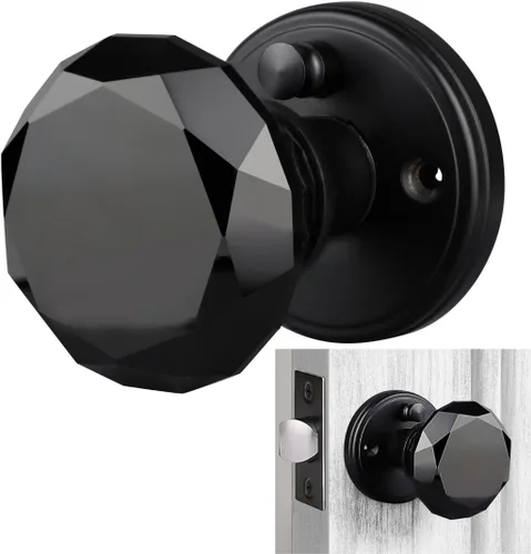 Balin Designs - Perilla de puerta de cristal negro con cerradura, juego de perillas de puerta de vidrio para privacidad interior, manija decorativa