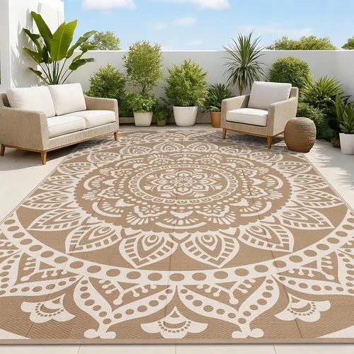 Miniatura 13 de Bsmathom Alfombra impermeable para exterior de 6'x9' reversible de pajita de plástico estilo boho para patio, terraza, camping, alfombras, portátil