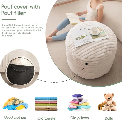 Miniatura 5 de HIGOGOGO Puf Otomano Redondo Relleno, Pufs de Piel Sintética a Rayas con Relleno de Trozos de Espuma, Puf Peludo y Esponjoso Taburete Reposapiés