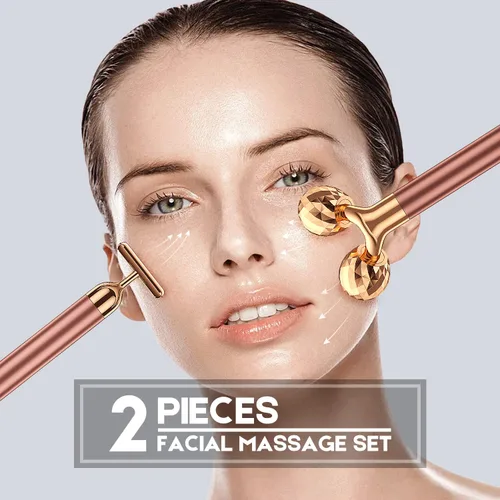Miniatura 2 de Masajeador facial 2 en 1 Beauty Bar de pulso dorado de 24 quilates, rodillo 3D eléctrico y en forma de T, brazo ojo, nariz, cabeza, masajeador