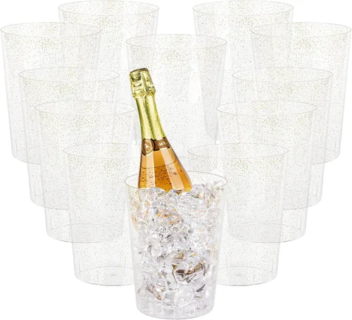 Tiawudi Paquete de 12 cubos de hielo de plástico para fiestas, enfriador de vino transparente con purpurina dorada para bodas, bueno como un