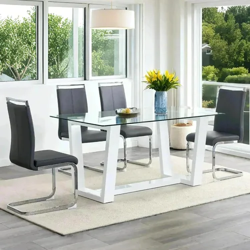 Miniatura 17 de Ebullient - Juego de mesa de comedor de cristal para 4, juego de mesa de comedor moderno para 4, tablero de vidrio templado con patas trapezoidales
