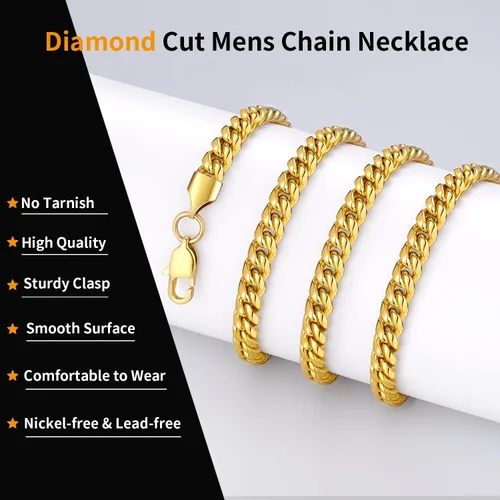 Miniatura 2 de Jewlpire Cadena de plata negra cadena de oro para hombres, niños y mujeres, corte de diamante, cadena de eslabones cubanos de 0.157 in0.236 in