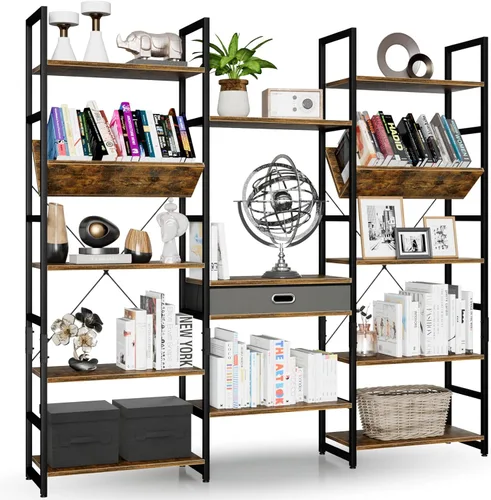 Miniatura 8 de NUMENN Estantería Triple Ancha de 5 Niveles, Estantes de Libros Ajustables de Estilo Industrial Rústico, Librerías y Estanterías Modernas Muebles