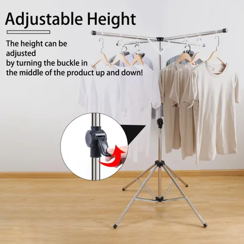 Miniatura 3 de BAOYOUNI Estante de secado de ropa plegable de acero inoxidable, soporte plegable para ropa, altura ajustable con rieles colgantes para balcón