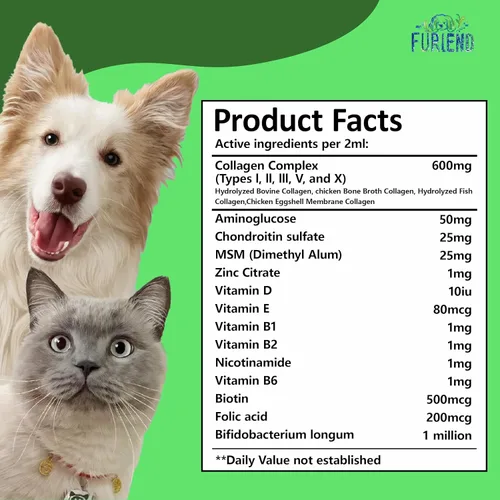 Miniatura 8 de Premium 5X colágeno líquido orgánico para perros y gatos Péptidos de colágeno tipos I, II, III, V y X, MSM y biotina para articulaciones, piel