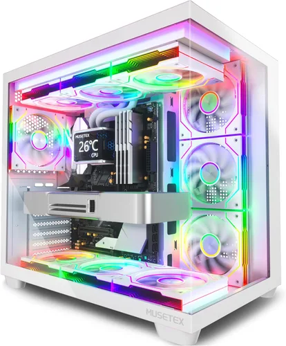 Miniatura 9 de MUSETEX Caja de PC ATX, 6 Ventiladores ARGB PWM Pre-Instalados, Soporte para RAD de 360MM, Caja de PC para Juegos con Type-C, Vista Completa de 270°