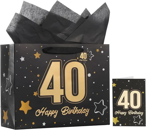 Miniatura 26 de Powbrace Bolsa de regalo de cumpleaños negra con papel de seda y tarjeta de felicitación, 13 x 10.2 x 4.9 pies, mediana
