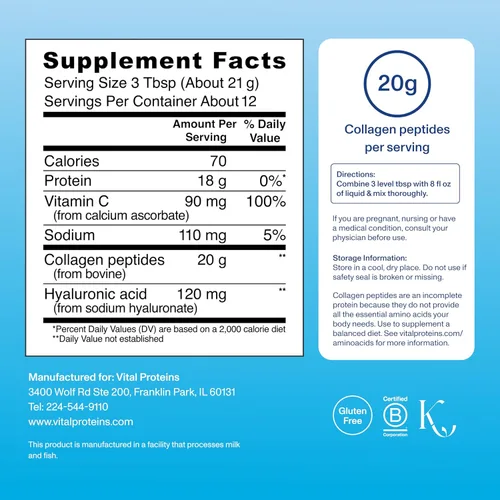 Miniatura 3 de Vital Proteins - Péptidos de colágeno en polvo avanzados con ácido hialurónico y vitamina C, suplementos de colágeno, sin sabor, 12 porciones