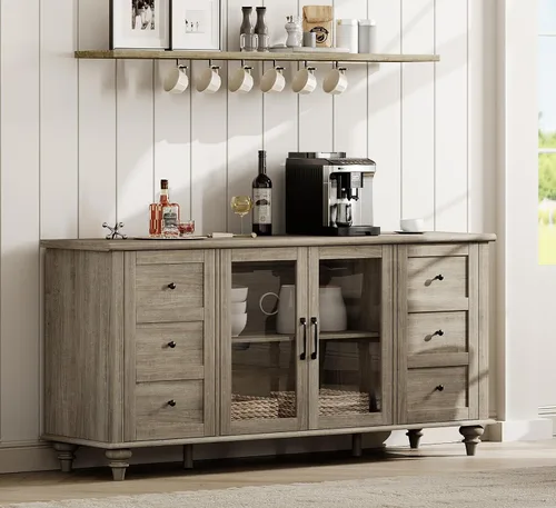 Miniatura 12 de WAMPAT Aparadores Buffet con Puerta de Vidrio, Gabinetes de Almacenamiento de Cocina, Mesas de Bar de Café de Madera, Mesa de Gabinete de Blanco