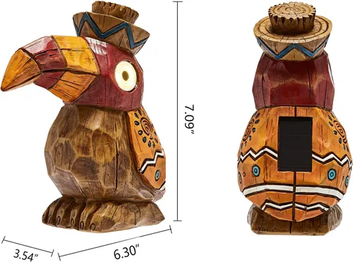 Miniatura 2 de Estatua Solar Tiki - Pájaro Carpintero de Madera - Jardín Hawaiano - Luz Solar para Exteriores, Esculturas y Estatuas de Jardín, Poste Tótem