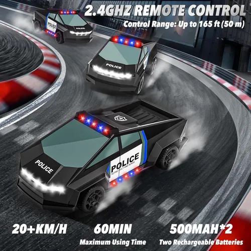 Miniatura 4 de MACALOCA Juguetes de coche a control remoto, camión RC con temática de policía 1:20 con luces LED intermitentes y espacio de carga, 2.4 GHz
